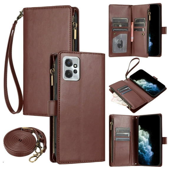 ELEHOLD Wallet Case for Motorola Moto G Power 2023, with 9 Card Slots Cash/Zipper Pocket Detachable Lanyard Crossbody Strap Magnetic Clasp Kickstand Luxury Purse Case, Brown