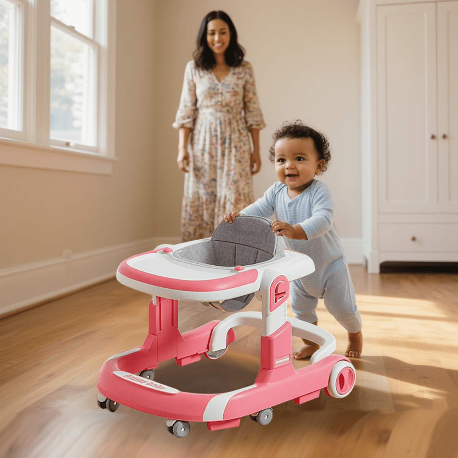 JUANYU Baby Walker with Wheels Foldable Activity Center with Mute Wheels Adjustable Heights Anti-Fall Push Walkers for Boys Girls, Red