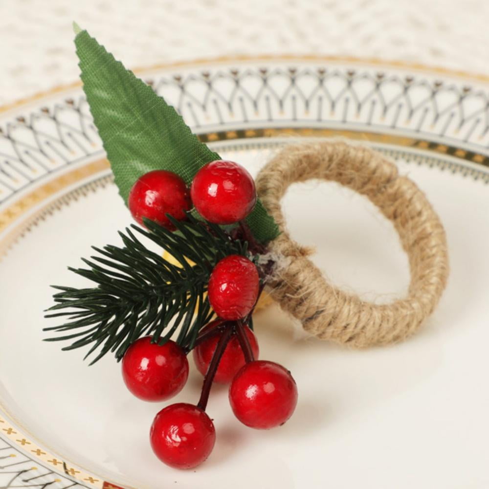 Christmas Napkin Rings,Artificial Pinecone Red Berry Knit Napkin Holder Rings for Christmas