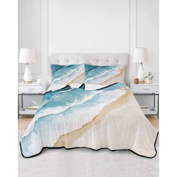 Quilts King Size, Blue Teal Beach Coastal Soft Comforter Bedding Set for Bed, Summer Nautical Seaside Ocean Lightweight Quilted Bedspread with Pillow Cover(2 Pieces) for All Season, 96x106 Inch