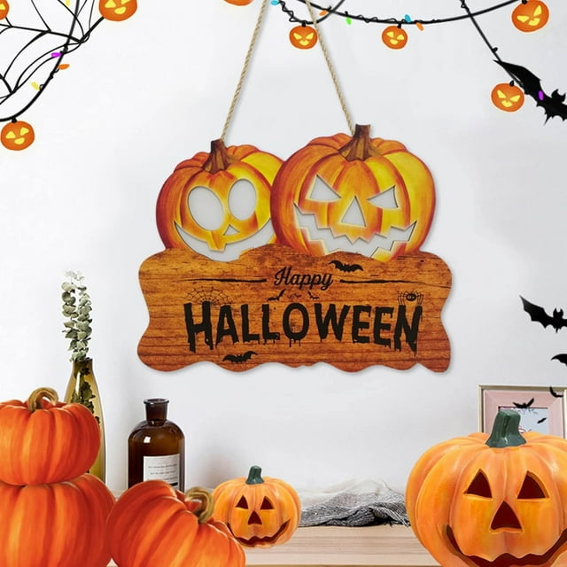 Decoración de Halloween, adornos de Halloween, decoración del hogar, calabazas de otoño con luces LED, letreros de madera para puerta de Halloween, decoración para colgar en la pared, etiqueta de cala