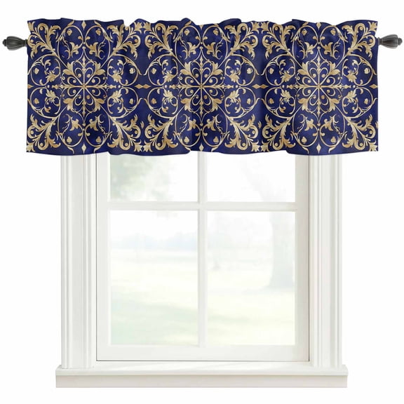 Abstract Blue Gold Kitchen Valances for Windows, Luxurious Traditional Flower Leaf Bathroom Window Valances 42x18 Inch Rod Pocket Window Treatments Valance Curtains for Living Room Bedroom Decor