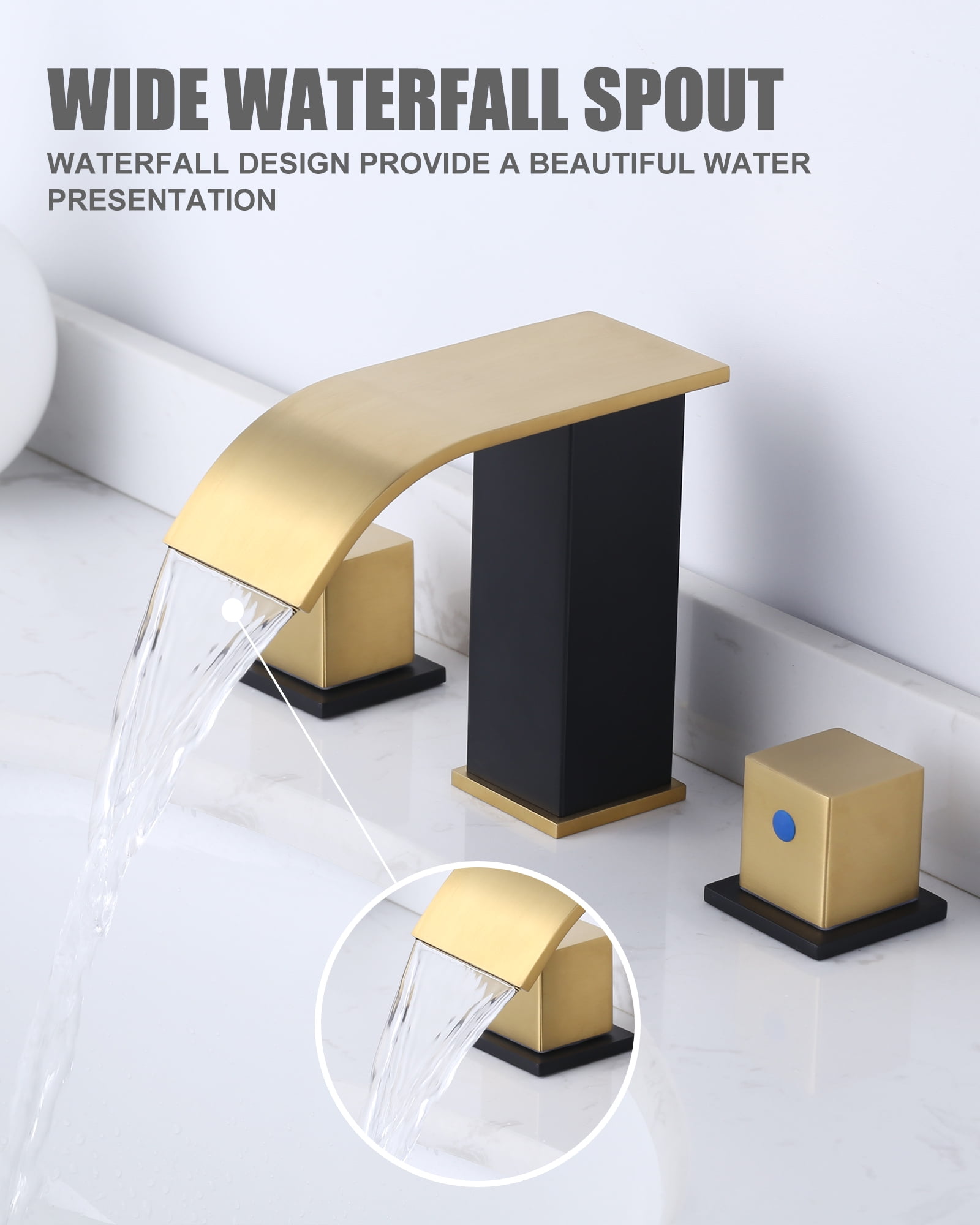 Wowow 8 in. Widespread Double Switch Waterfall Bathroom Faucet with Pop-up Drain in Black and Gold