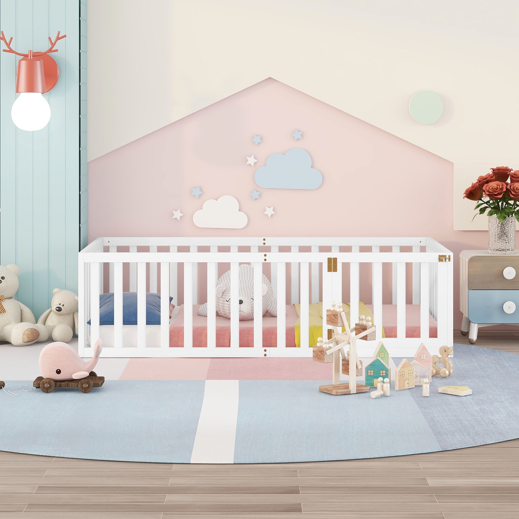 Mintazer Twin Floor Bed with Guardrails & Hinged Gate Door, Montessori Toddler Floor Bed Frame for Kids, White