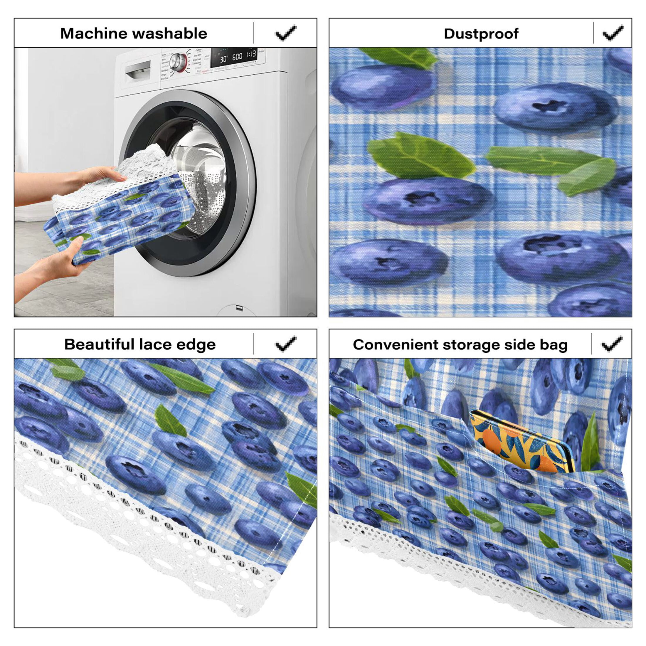 Wobogo Blueberry Gingham Washing Machine Cover Dustproof Washer Dryer Cover Waterproof Laundry Room Decorative Protector