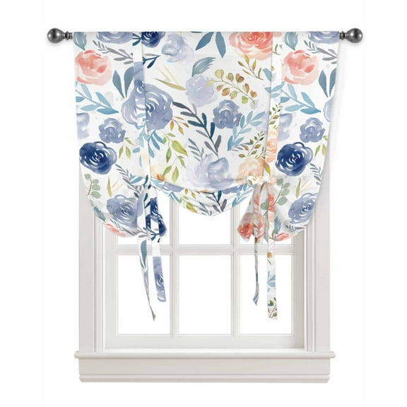 Blue Pink Spring Floral Tie Up Curtains for Kitchen Bathroom Bedroom Windows 45 Inch Length, Watercolor Summer Botanical Balloon Drape Curtains Shade Rod Pocket Drapery Curtain Panel, 42"x45"