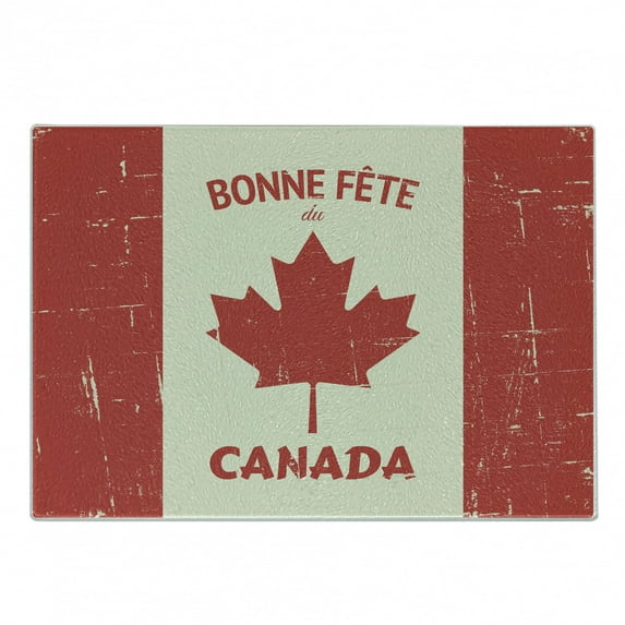 Canada Cutting Board, Happy Canada Day Concept Bonne Fete du Canada Words on Grungy Flag Effect, Decorative Tempered Glass Cutting and Serving Board, Small Size, Vermilion and Ivory, by Ambesonne