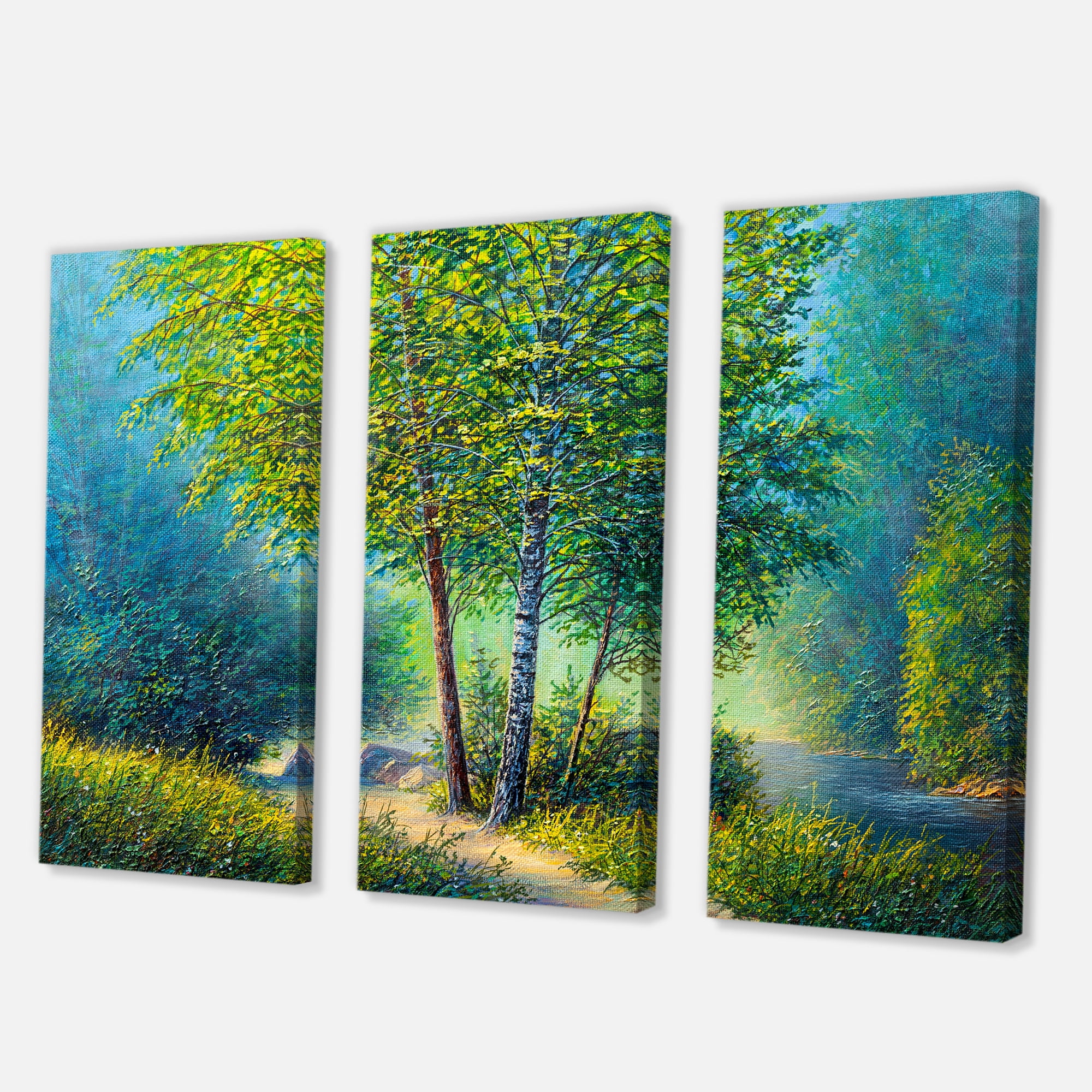 Designart ' Three Vibrant Green Trees By The River ' Lake House Canvas Wall Art Print