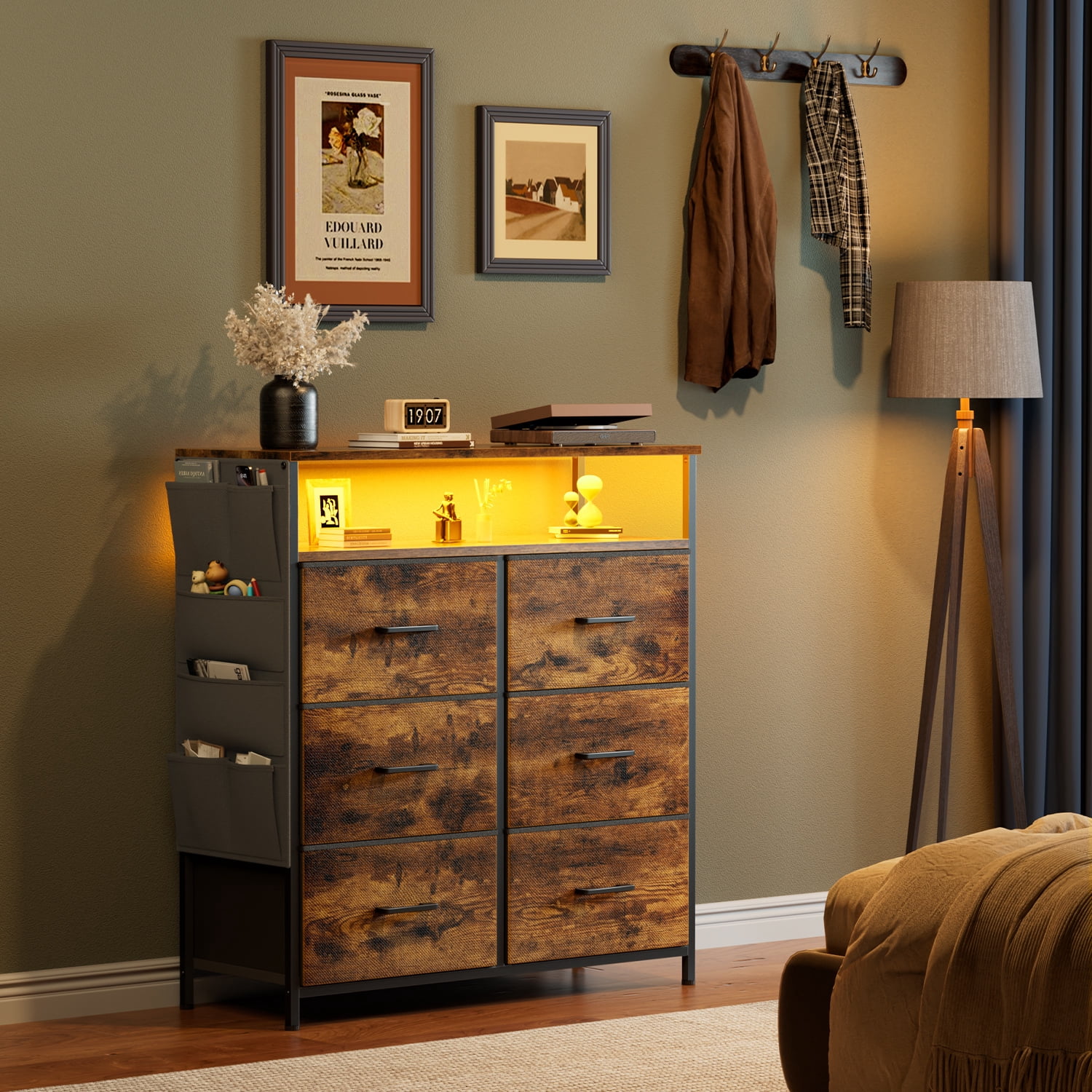 HLDIRECT Dresser for Bedroom with 6 Drawers, Fabric Chest of Drawers with Open Shelves & Side Storage Bags, Storage Cabinet with LED Lights for Living Room, Closet, Entryway, Gray