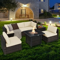 Costway 7PCS Patio Rattan Furniture Set Fire Pit Table Cover Glass Top Cushion Off White