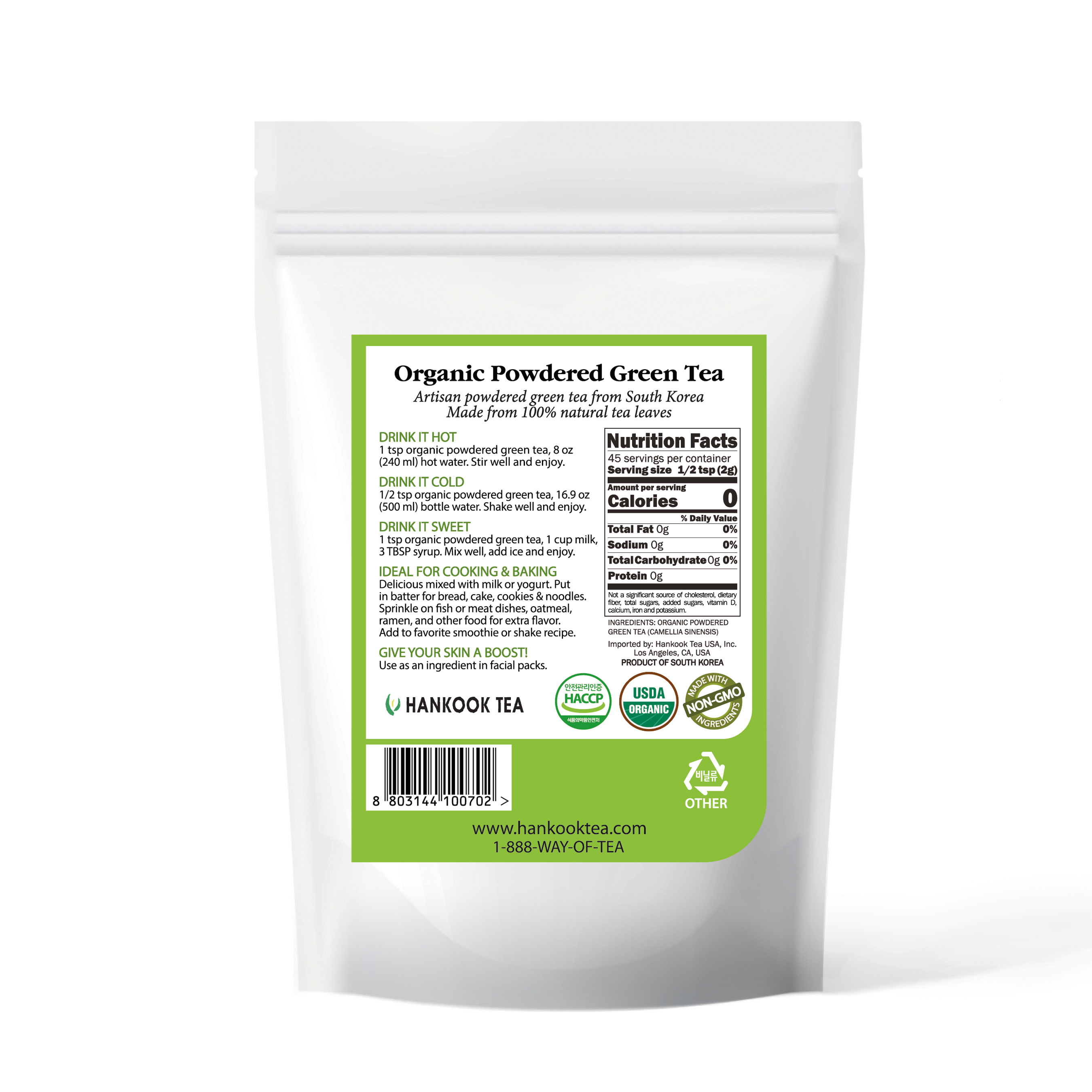 Hankook Tea Organic Powdered Green Tea - Culinary Grade - 90g polybag