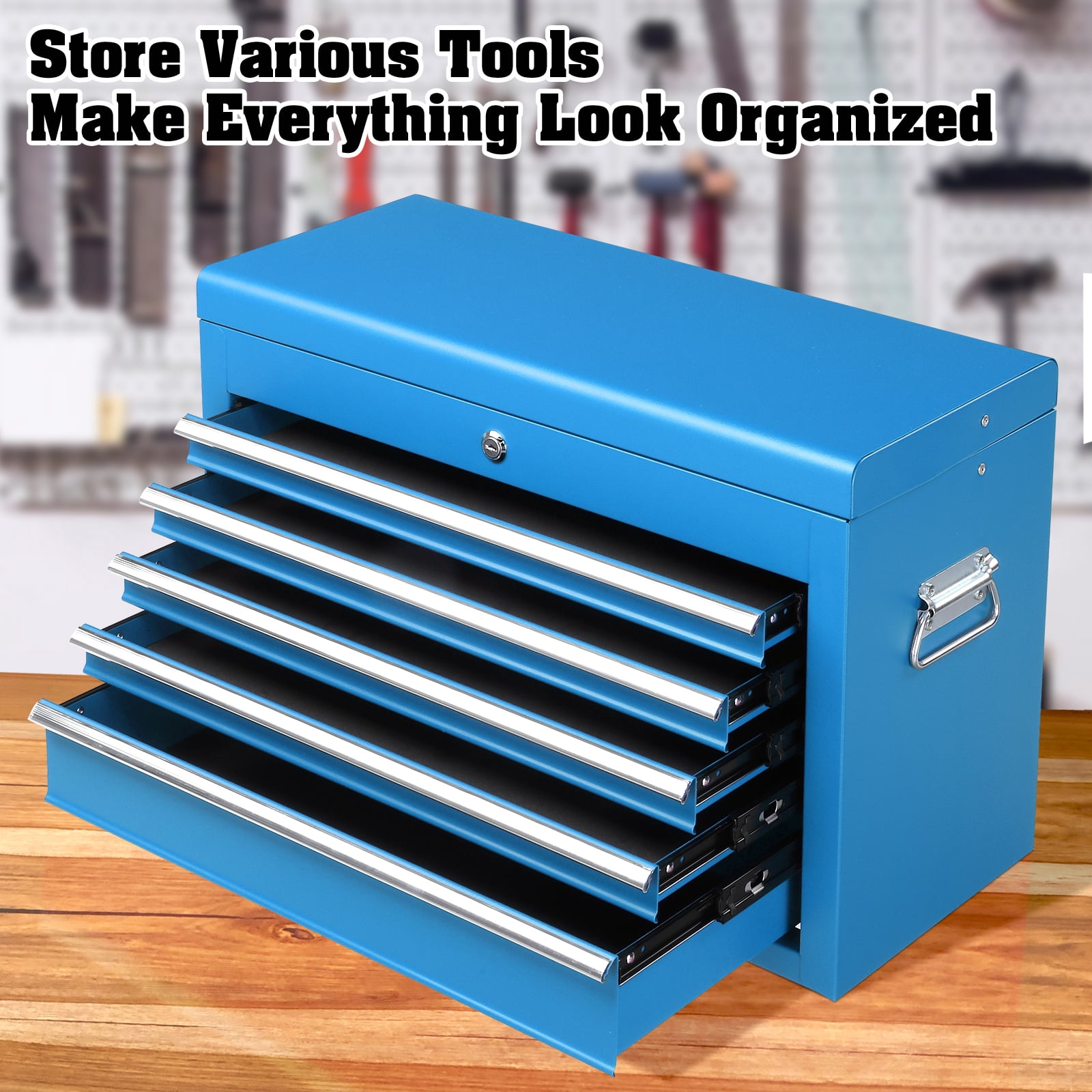 Ktaxon Tool Box, Portable 5 Drawer Steel Toolbox with Top Storage Tray & Carrying Handle, for Garage Trunk Household, Blue