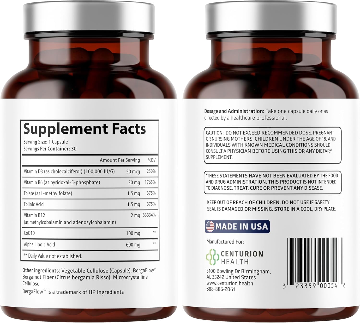 Puralor DN Nerve Support Supplement with Alpha Lipoic Acid, CoQ10, Folate, Vitamin B12 and Vitamin D3, Non-GMO, Vegan, 30 Caps