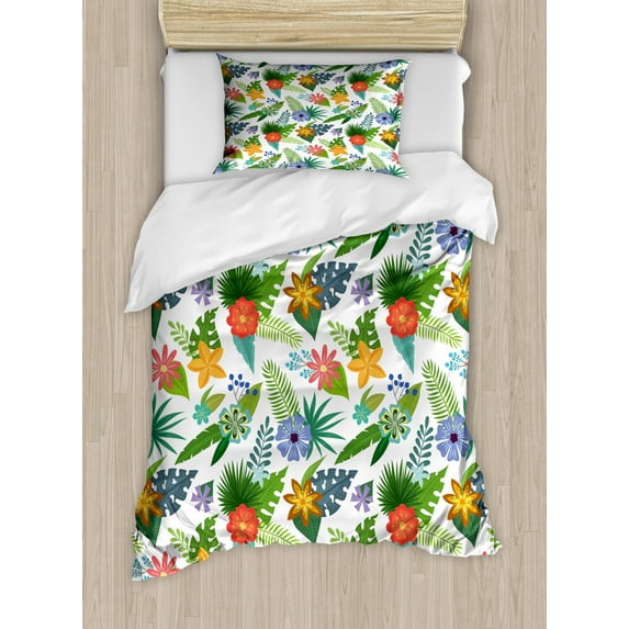 Floral Duvet Cover Set Twin Size, Hawaiian Composition of Colorful Flowers and Leaves Blossoming on a Plain Background, Decorative 2 Piece Bedding Set with 1 Pillow Sham, Multicolor, by Ambesonne