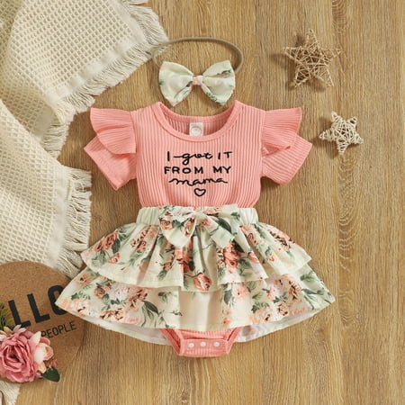 

QISIWOLE Toddler Baby Girls Fashion Cute Flowers Print Ruffles Short Sleeve Romper Short Skirt Bow Suit Sales