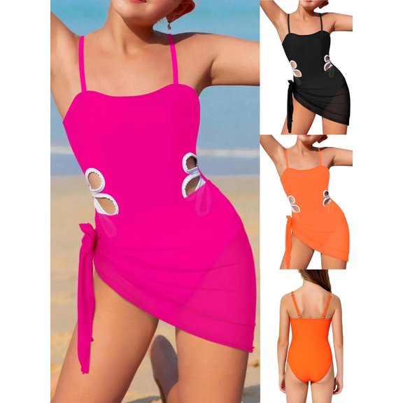 HWJAD Girls Swimsuit One-Piece Bathing Suit with Mesh Cover Ups Adjustable Straps Cut Out Swimwear Size 5-12