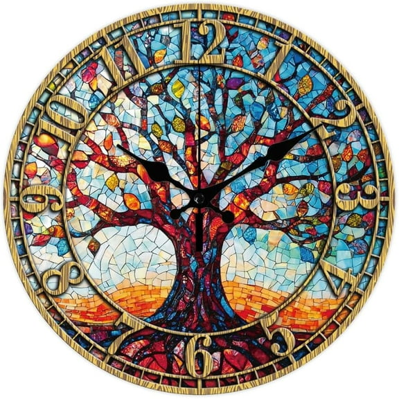 Tree of Life Wall Clock 12 Inch Clock Battery Operated Silent Non Ticking Round Decorative Clocks for Home Office Decoration Colorful