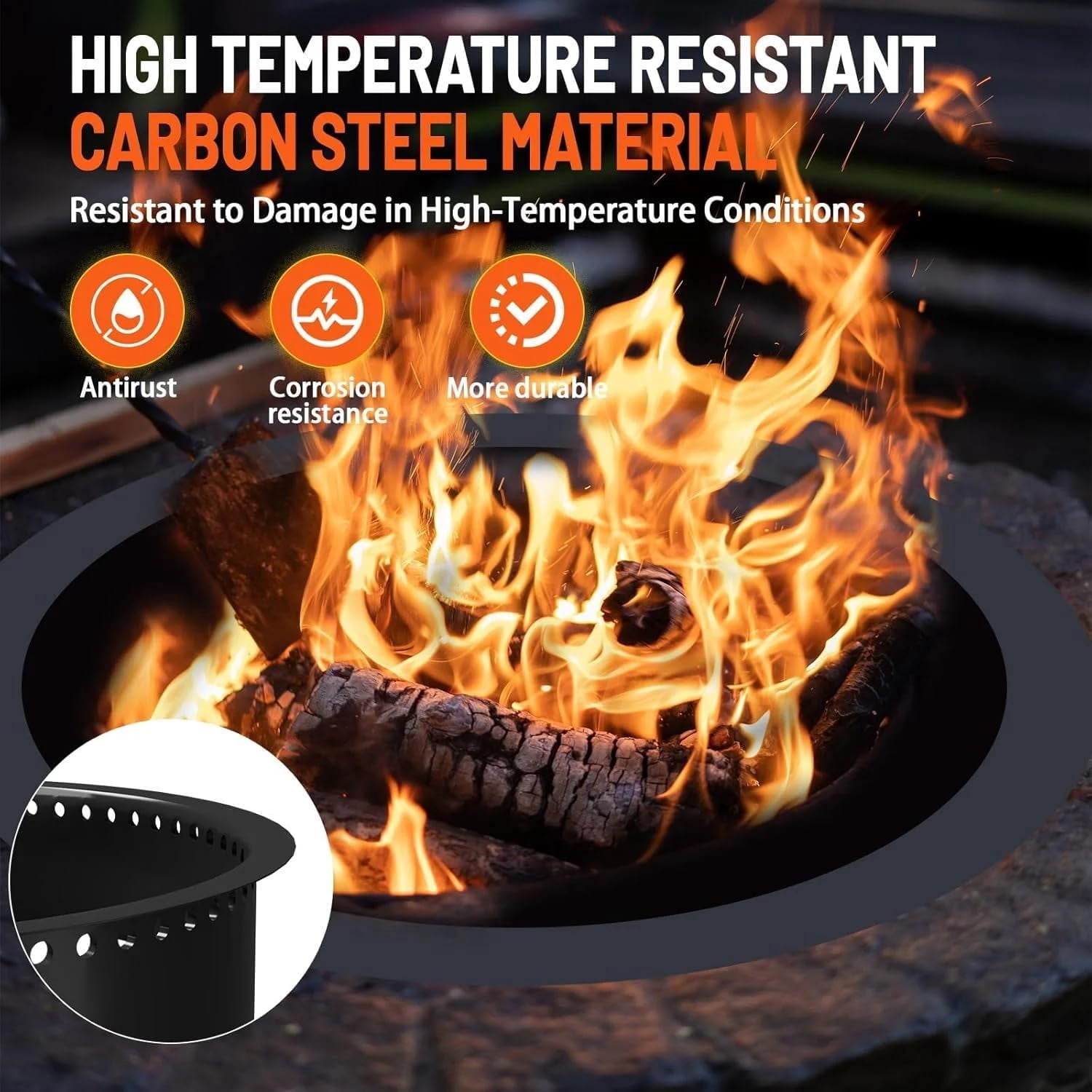 60 Inch Smokeless Fire Pit, Made of Carbon Steel, Outdoor Round Garden Fire Pit with Ventilation Holes, DIY Campfire Ring, Suitable for Burning Firewood