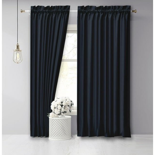 Vargottam Rideaux en Coton Slub Bleu Marine Foncé 46 Pouces Rideau de Fenêtre 2 Panneaux Poche pour Tringle Ensemble de Rideaux pour Salon