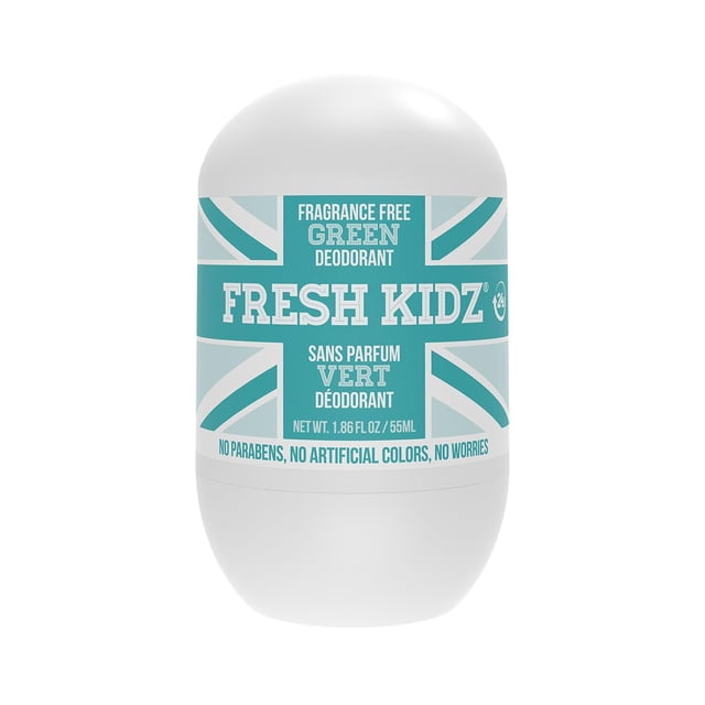 Desodorante roll-on Fresh Kidz para niños y adolescentes - Bicarbonato de sodio y protección las 24 horas sin aluminio para pieles sensibles - Sin perfume "Verde" 1.86 fl.oz.