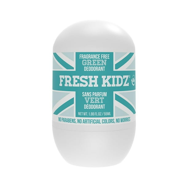 Desodorante roll-on Fresh Kidz para niños y adolescentes - Bicarbonato de sodio y protección las 24 horas sin aluminio para pieles sensibles - Sin perfume "Verde" 1.86 fl.oz.