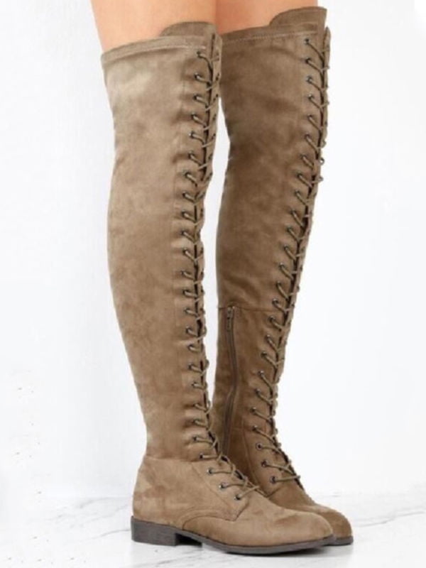 Women Faux Fur Lined Suede Low Chunky Heel Over Knee Boots Lace Up Zip Shoes D 