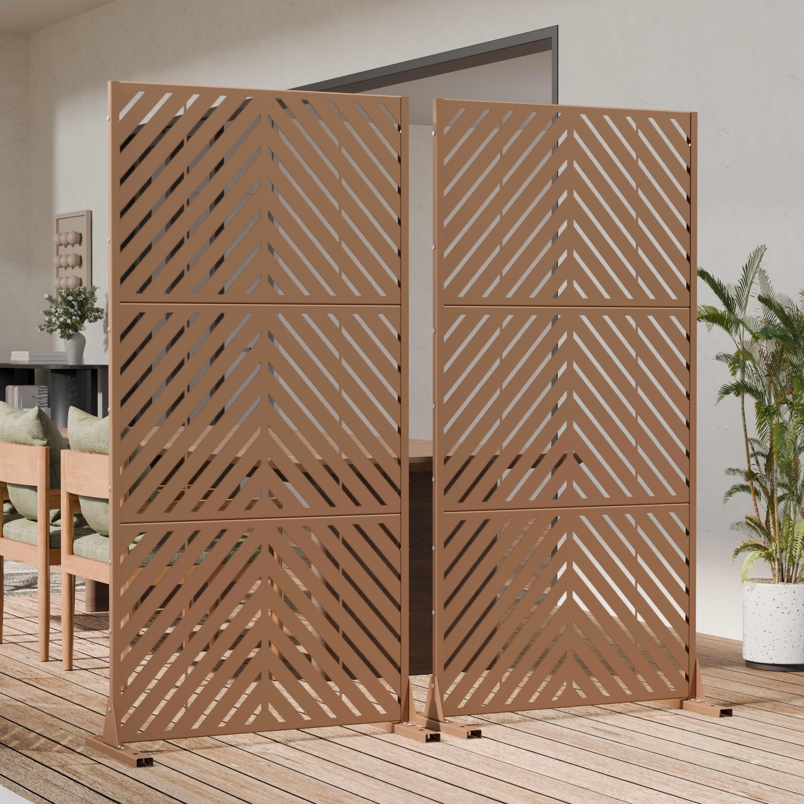 MAYEERTY Outdoor Metal Privacy Screen 6ft × 3ft Brown, 3-Panel Parallel Decorative Screen, Rust-Resistant for Patio