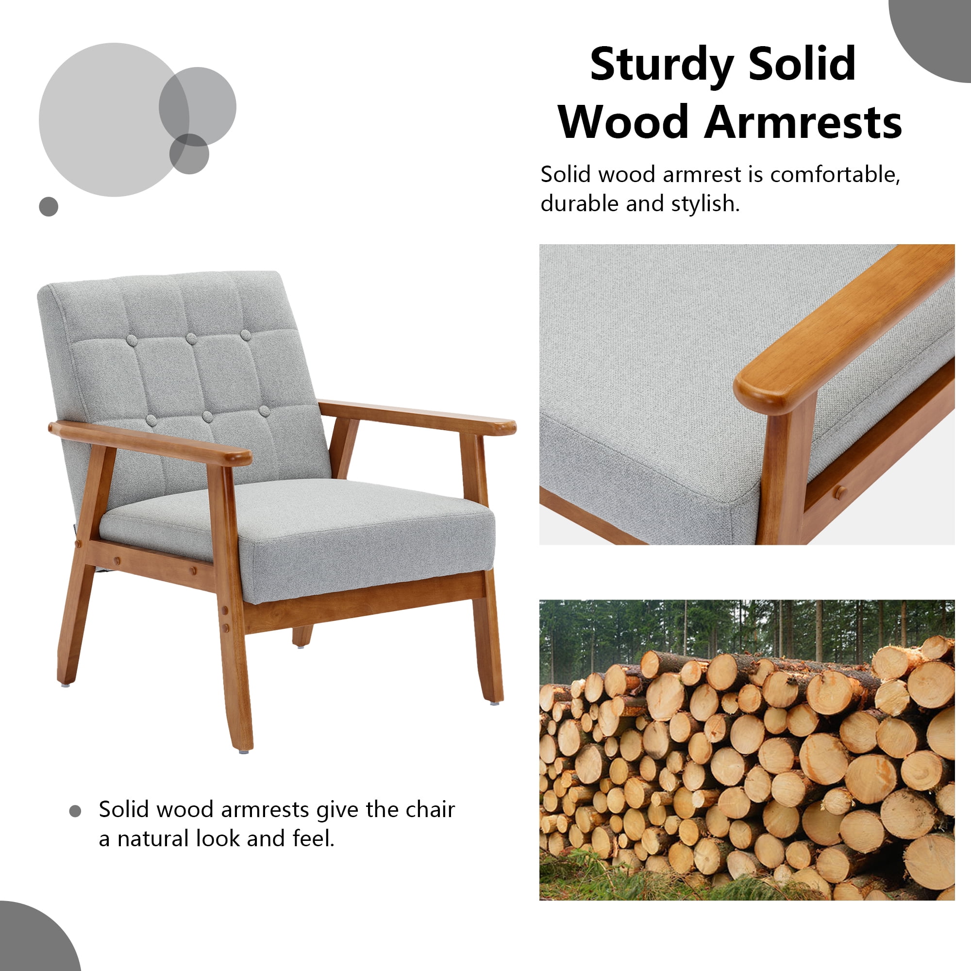 Ufurpie Mid Century Modern Armchair with Wood Frame,Linen Fabric Comfy Reading Chair,Accent Chair for Living Room Bedroom,Light Gray