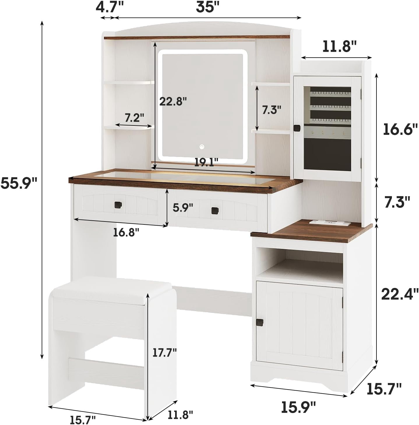 Vabches Farmhouse Vanity Desk Set with LED Lights Mirror & Glass Top, Large Makeup Table with RGB Light, Jewelry Cabinet & Power Outlet & Chair for Girls, White