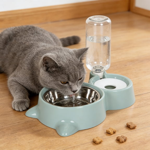 SHENGXINY Stainless Steel Cat Food Bowl and Water Bowl Set - 2 in 1 Automatic Gravity Water Dispenser, Leakproof Clean Feeder for Small Medium Dogs & Cats Blue 13.78x6.1x9.84in