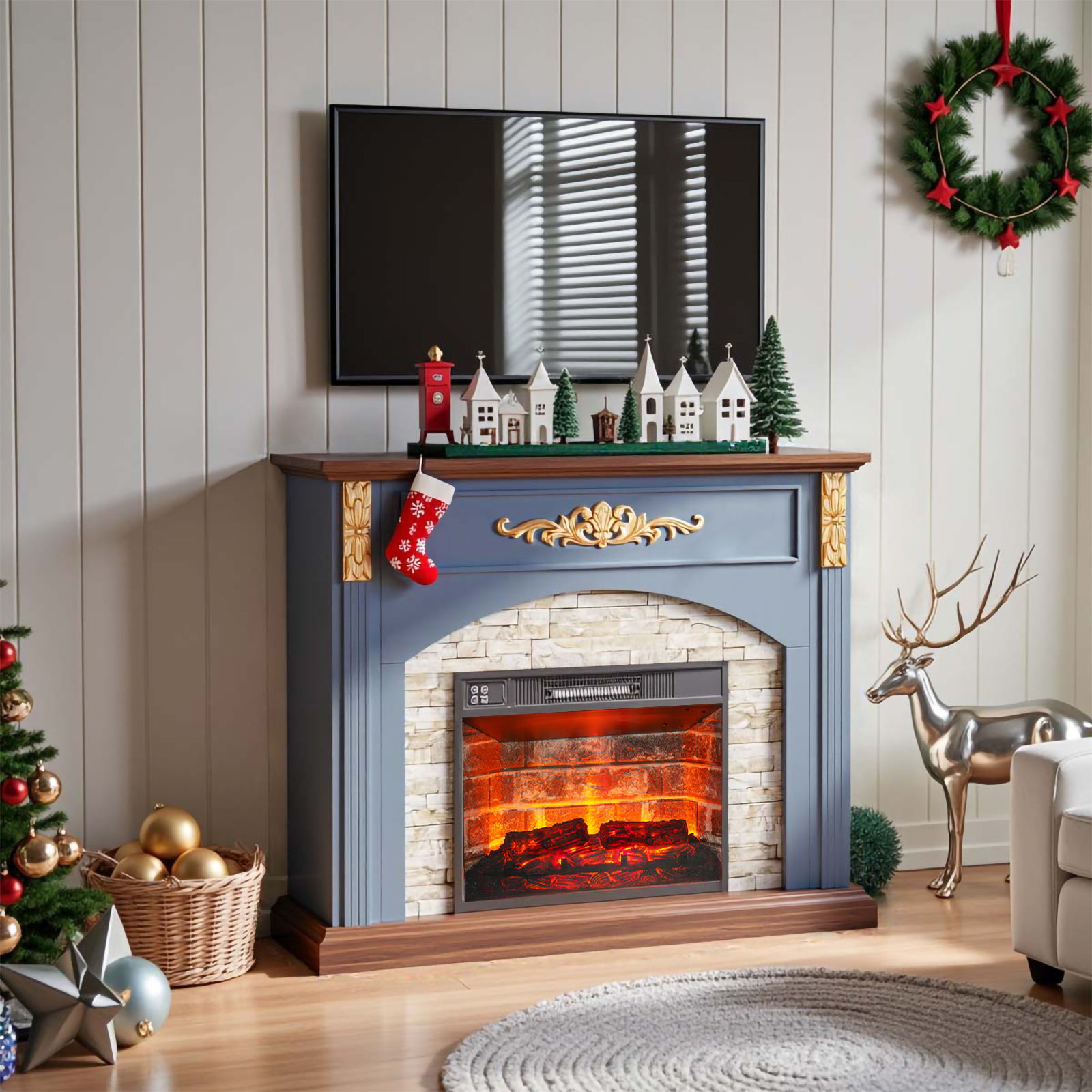BOSHIRO 44 Inch Electric Fireplace with Mantel, Blue Wooden Surround with Gold Accents, 23" Red Brick Insert, Remote & Touch Control, Heats 400 Sq Ft