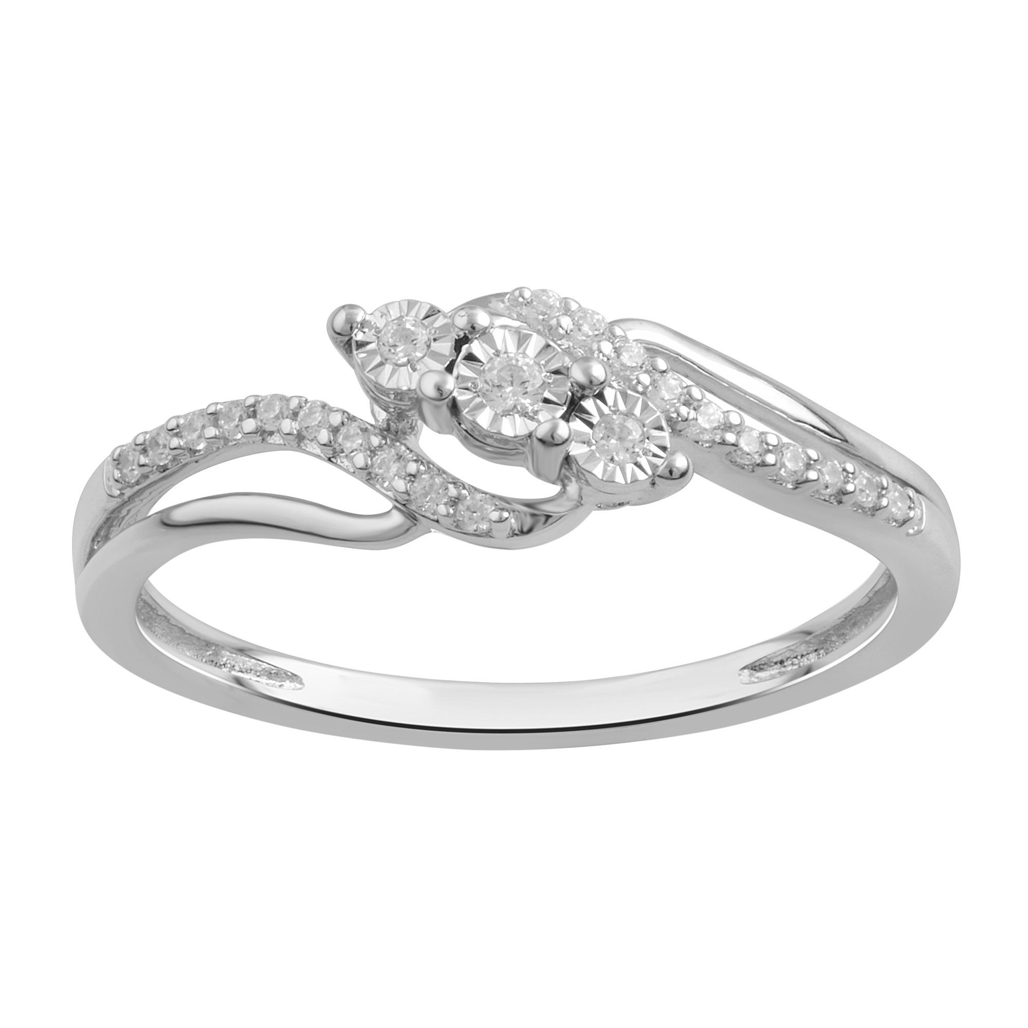 1/10 Carat T.W Diamond 3 Stone Miracle Plate Sterling Silver Engagement Ring.