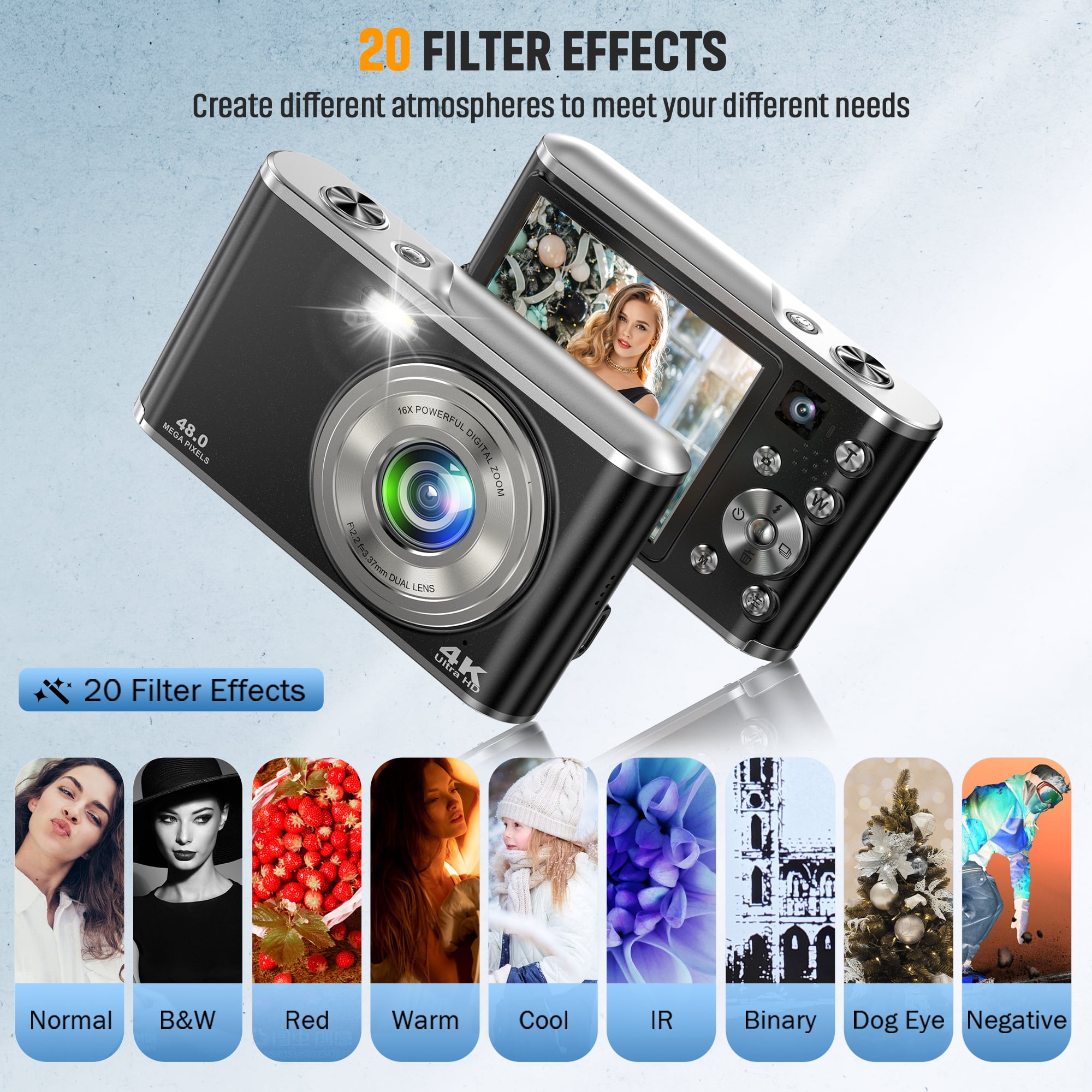 Retro Digital Camera 4K, with Dual Camera Date Stamp Autofocus 32GB TF Card 48MP Filter Effects, Portable Travel Vlogging Camera, Black