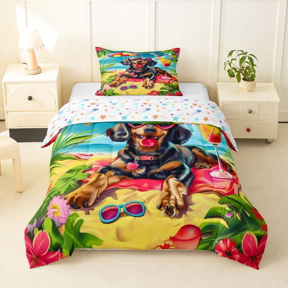 Homewish Vacation Dachshund Animal Twin Comforter Sets,Summer Beach Bedding Set,Multicolor,Colorful Stars Reversible,2pcs,1 Comforter and 1 Pillowcase