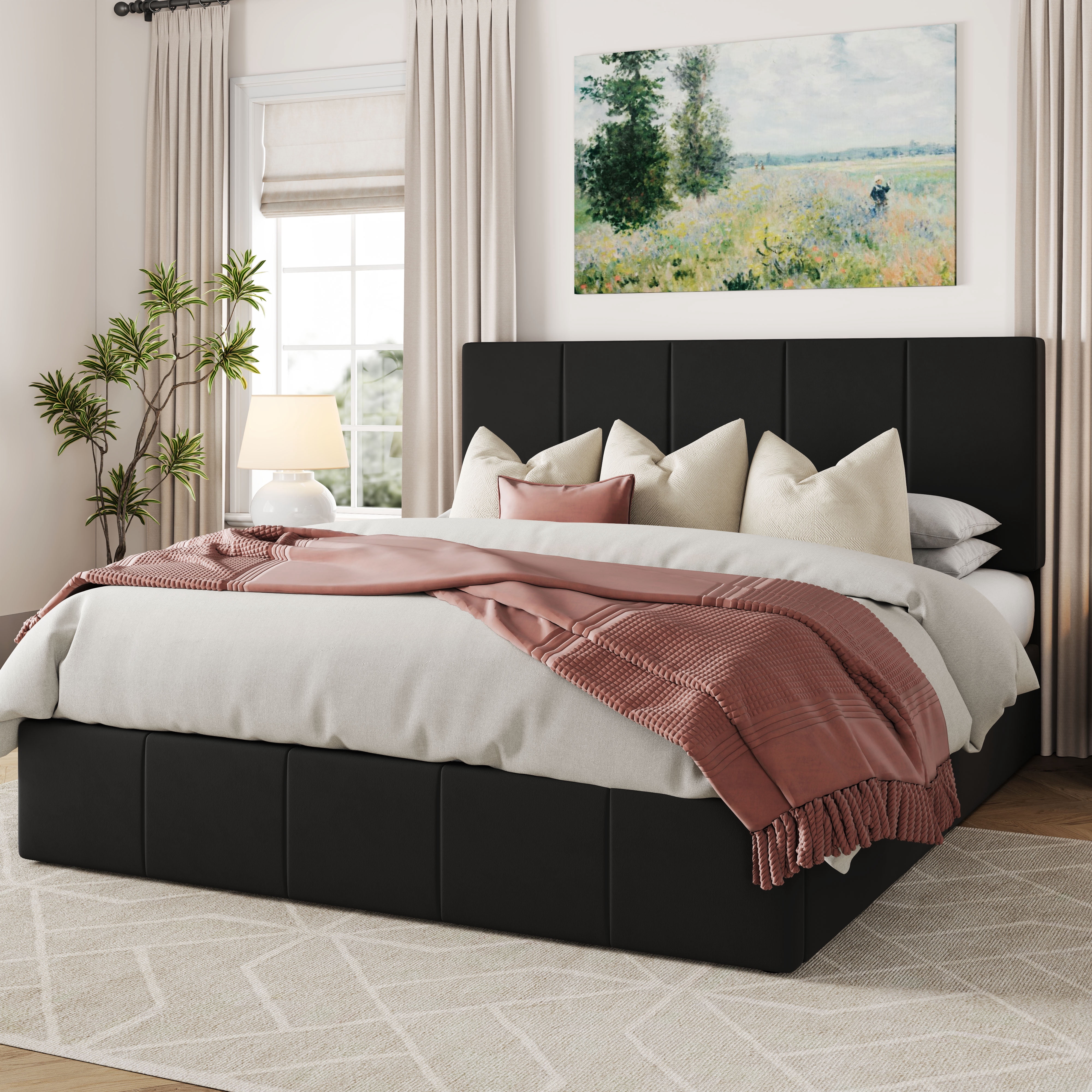 Allewie Queen Size Velvet Lift Up Storage Bed Frame, Vertical Channel Tufted Headboard, Hydrualic Underneath Storage, Upholstered Platform Bed, Wooden Slats Support, No Box Spring Needed, Black