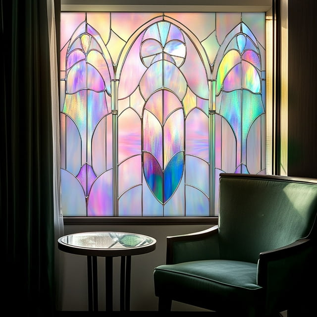 Green Fan Shaped Art Glass Window Film for Privacy and – Static Cling Sticker for Windows Doors Bathrooms Kitchens 50cm