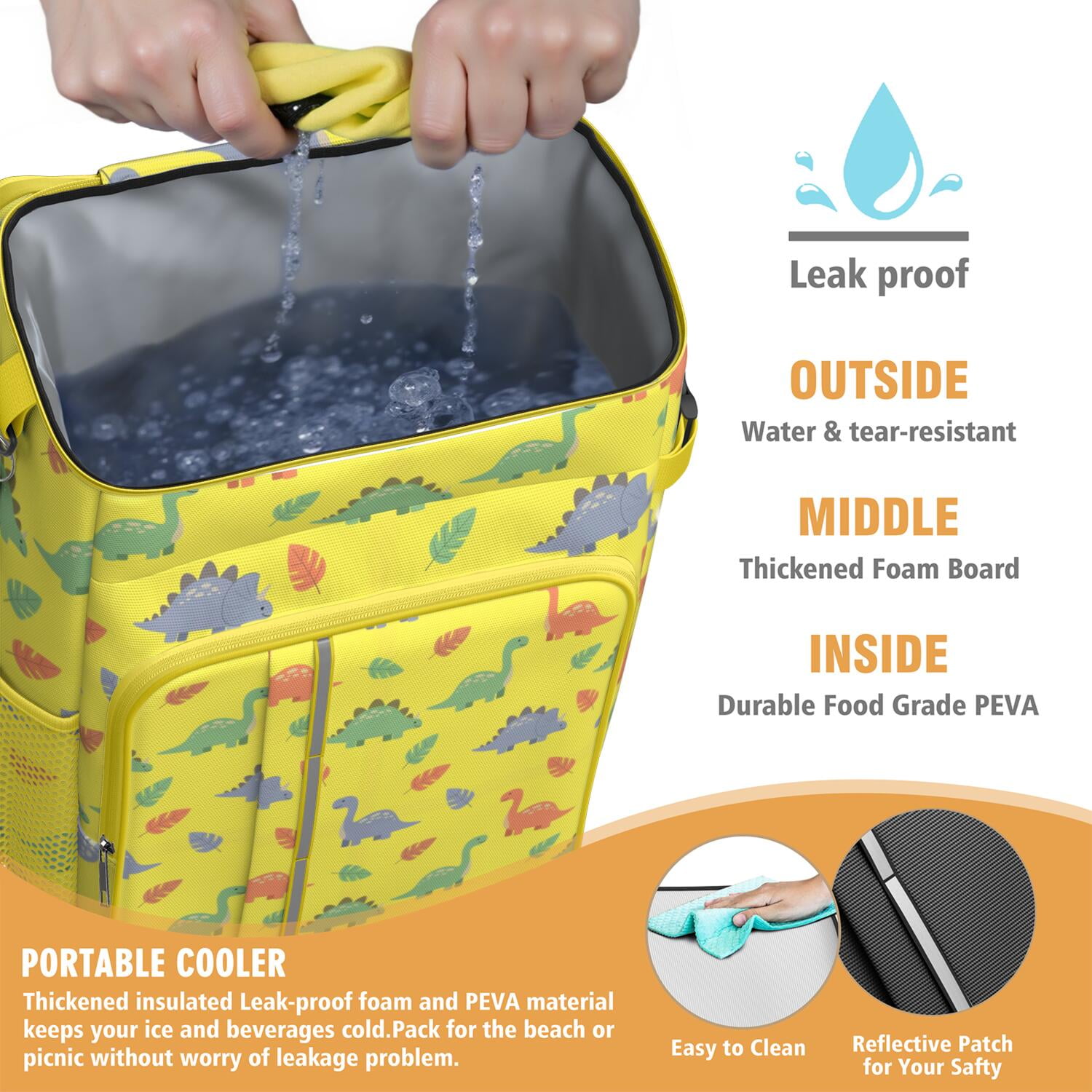 Travel Cooler Bag - Yellow Cartoon Dinosaurs Leaves Pattern Camping Beer Cooler Backpack with Bottle Opener- Waterproof Insulated Picnic Backpacks - Cooler Bag for Beach