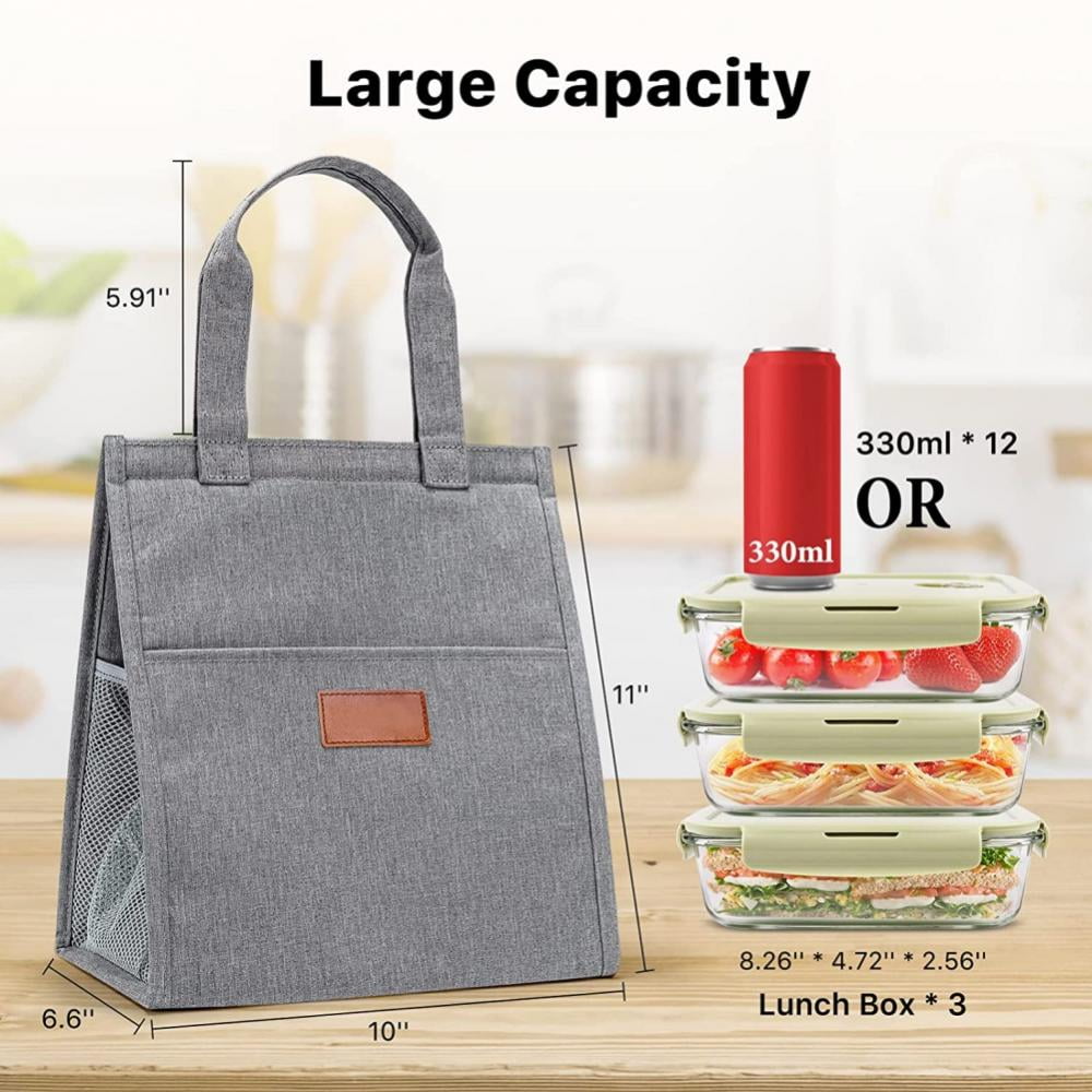 Lunch Bags for Women,Waterproof Reusable Lunch Tote with Internal Pocket  and Drinks Holder, Lunch Tote bag for Work/ School/ Travel/ Picnic (Gray) 