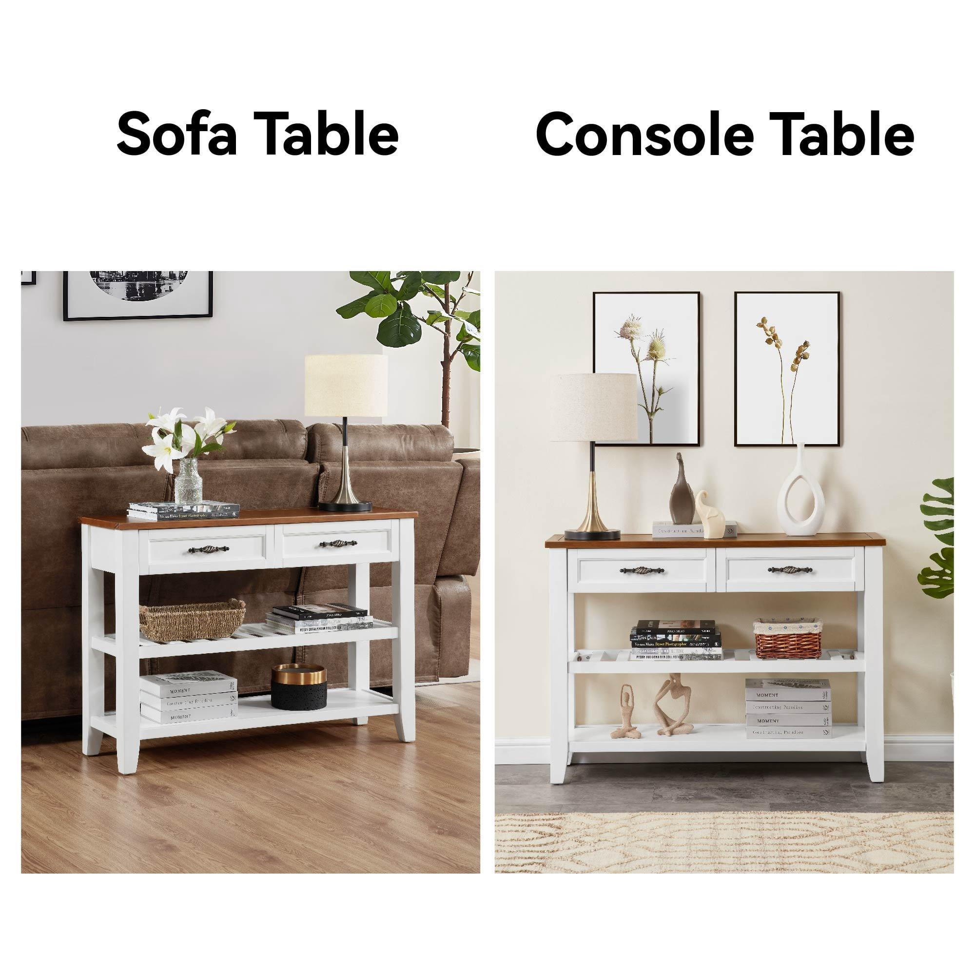 Howcool Retro Console Table with 2 Open Shelves, Pine Solid Wood Frame for Living Room, White