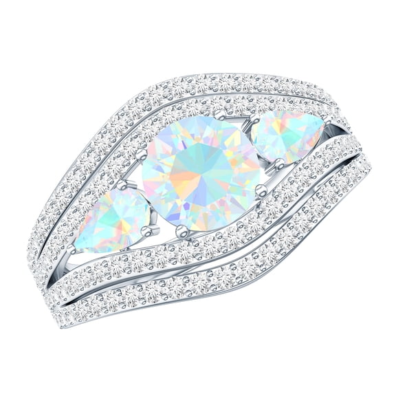 Rosec Jewels Real Ethiopian Opal 3 Stone Engagement Ring for Women - Statement Ring - AAA Quality - with Jewelry Box, 925 Sterling Silver, US 4.00