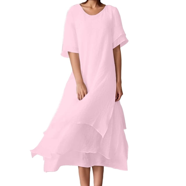 Vestido informal de manga corta y cuello redondo liso para mujer: doble capa con abertura, corte holgado, para el día a día, fiestas y ocasiones elegantes