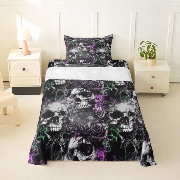 Homewish Goth Sugar Skull Twin Sheets,Spooky Halloween Bedding,Rose Flower Bed Set,3-Piece,1 Fitted Sheet and 1 Pillowcase