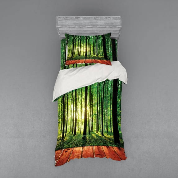 Ambesonne Nature Bedding Set 3 Pcs, Sunlight Forest Trees, Twin, Green Brown