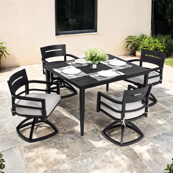 5 Modern Patio Dining - Aluminum Frame, 4 Swivel Rocker Chairs & Table Fabric Cushions Ember Black Marvelous Outdoor Rockers, 40" Square Table, Cushions, Design