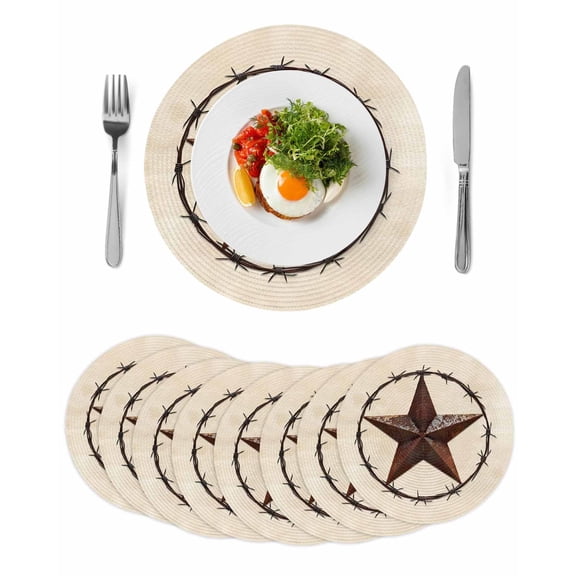 Texas Star Farmhouse Round Placemats Set of 8 for Dinning Tables,Heat-proof Braided Table Mats 15 Inch,Western Country Stars Retro Washable Place Mat for Kitchen Restaurant Party Decor Table Setting