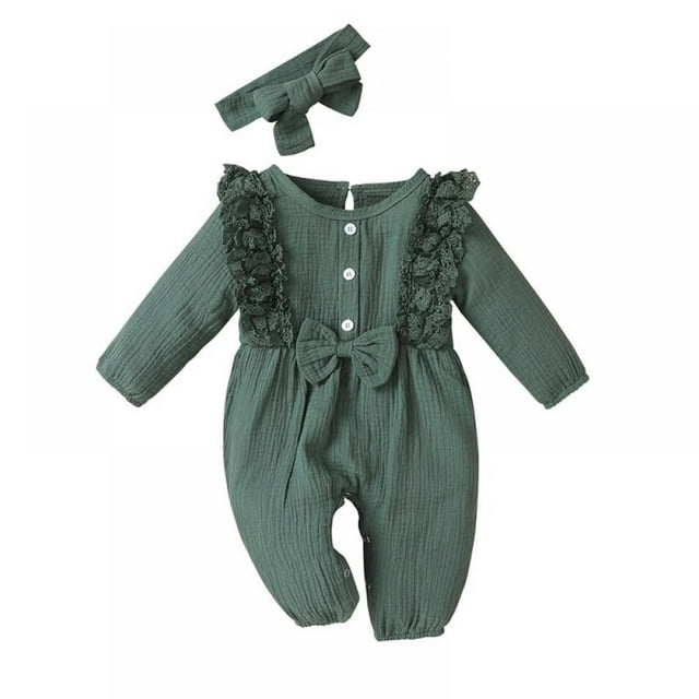 Combinaison une-Pièce à Manches Longues pour Bébé Fille avec Volants et Nœud, Justaucorps en Coton, Bandeau, Tenues