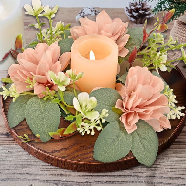 Corona de rosas de primavera para la puerta principal - Decoración artificial de hortensias y velas florales, rosa amarillo y beige, centro de mesa interior exterior de 8" para casa