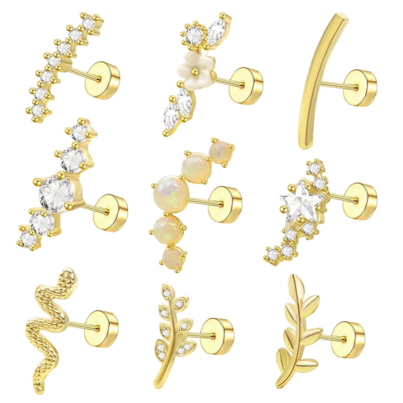 9pcs 16G Flat Back Cartilage Earrings 14K Gold Plated Stainless Steel Opal CZ Flower Leaf Screw Flatback Studs Conch Daith Tragus Helix Piercing Jewelry Set for Women Gift