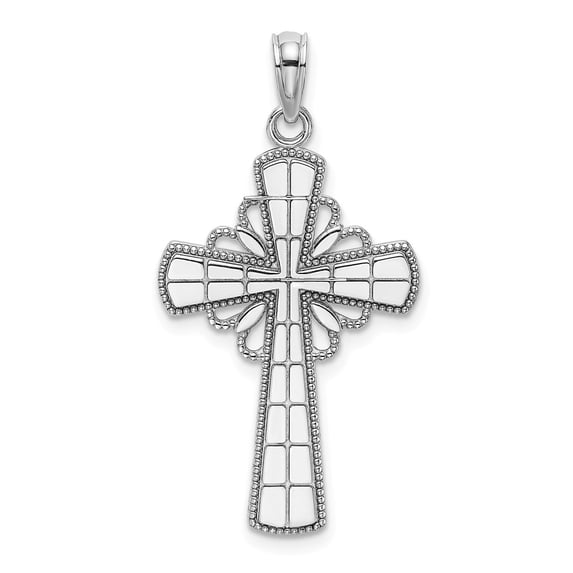FB Jewels 14k White Gold Crosswith beaded Edge and Grid Accent