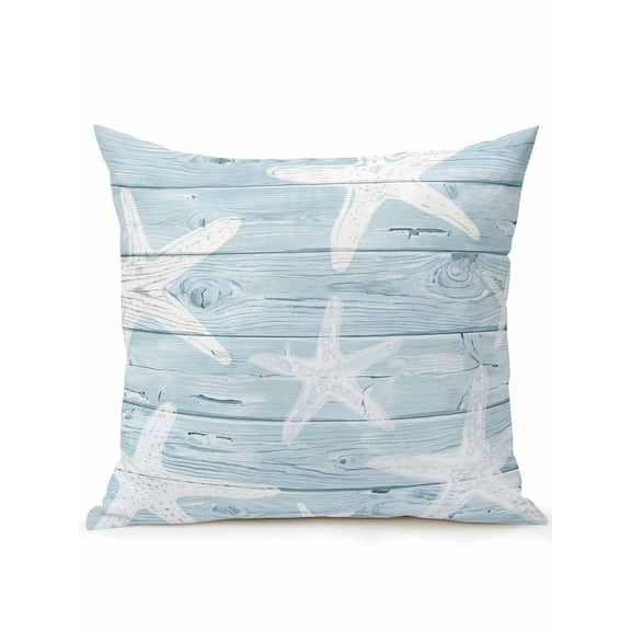 1 Pack Outdoor Throw Pillow, Coastal Starfish Waterproof Pillow with Insert Included, Summer Ocean Blue Farm Wooden Plank Decorative Accent Cushion Sofa Pillows for Patio Porch, 18 x 18 In